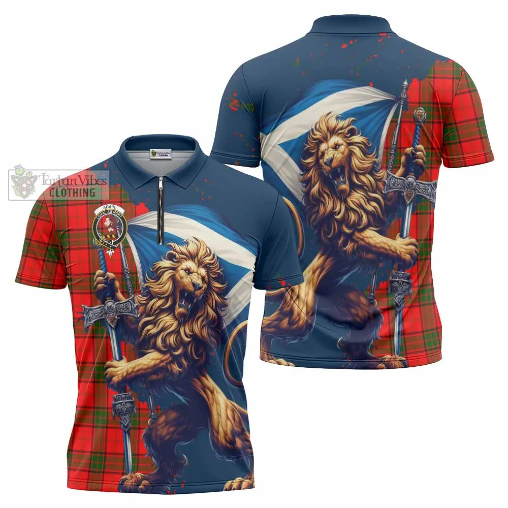 Adair Tartan Family Crest Zipper Polo Shirt with Scottish Majestic Lion