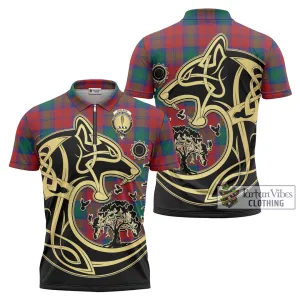 Affleck Tartan Zipper Polo Shirt with Family Crest Celtic Wolf Style