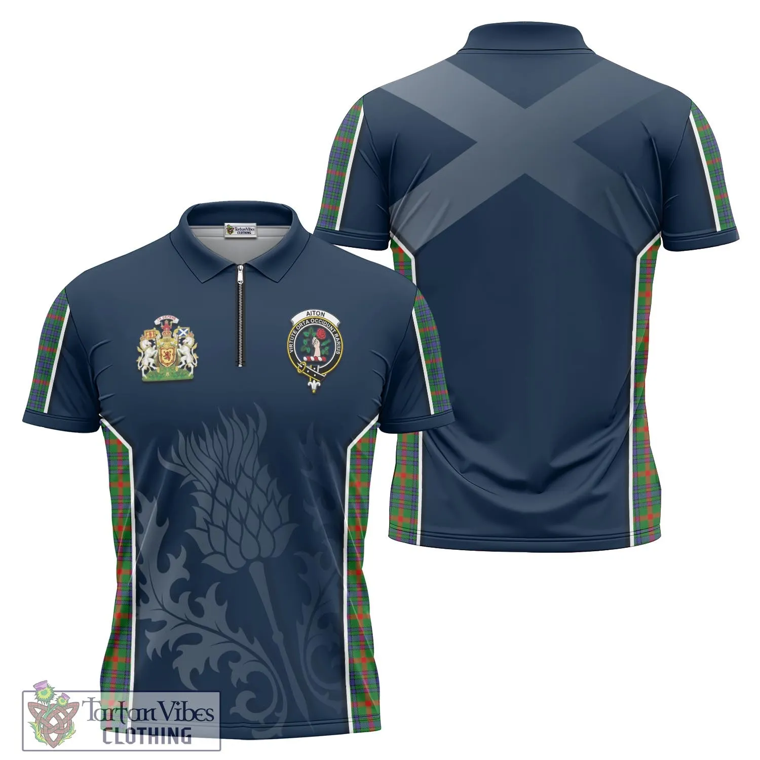 Aiton Tartan Zipper Polo Shirt with Family Crest and Scottish Thistle Vibes Sport Style