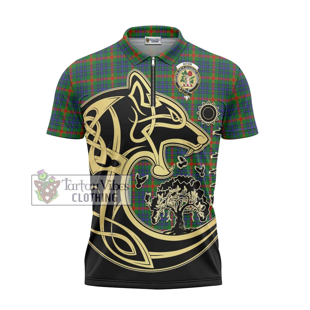 Aiton Tartan Zipper Polo Shirt with Family Crest Celtic Wolf Style