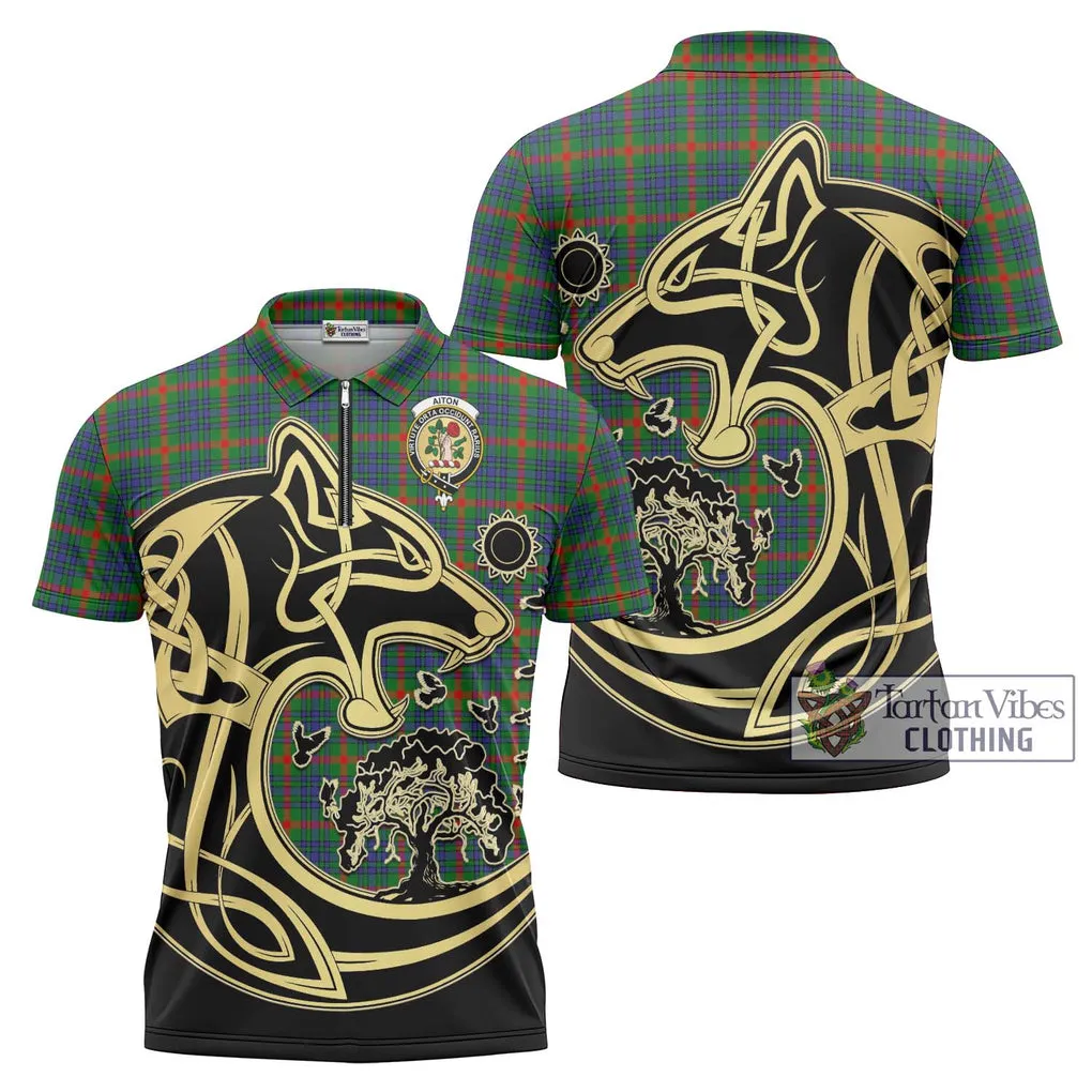 Aiton Tartan Zipper Polo Shirt with Family Crest Celtic Wolf Style