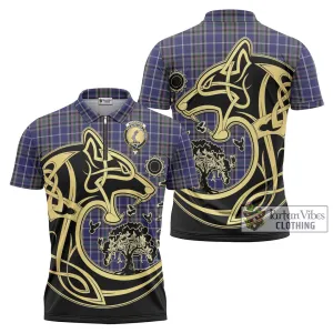 Alexander of Menstry Tartan Zipper Polo Shirt with Family Crest Celtic Wolf Style