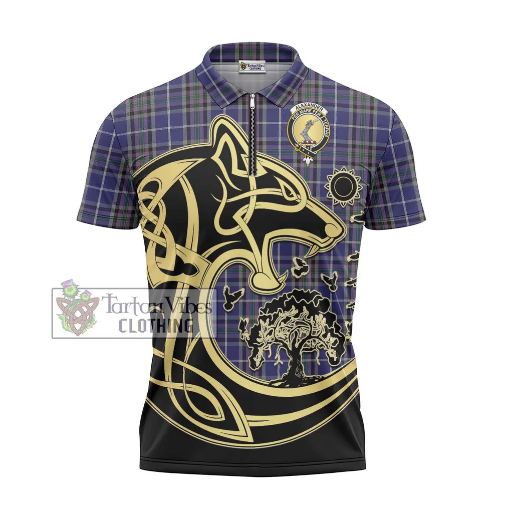 Alexander of Menstry Tartan Zipper Polo Shirt with Family Crest Celtic Wolf Style