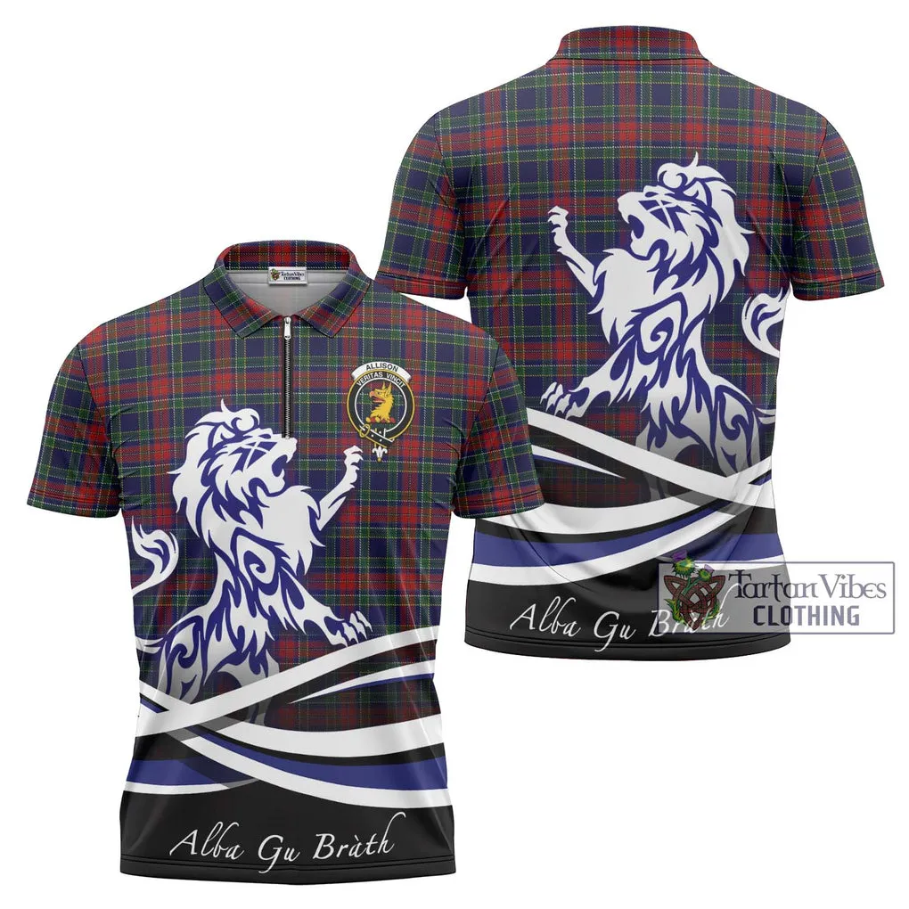 Allison Red Tartan Zipper Polo Shirt with Alba Gu Brath Regal Lion Emblem