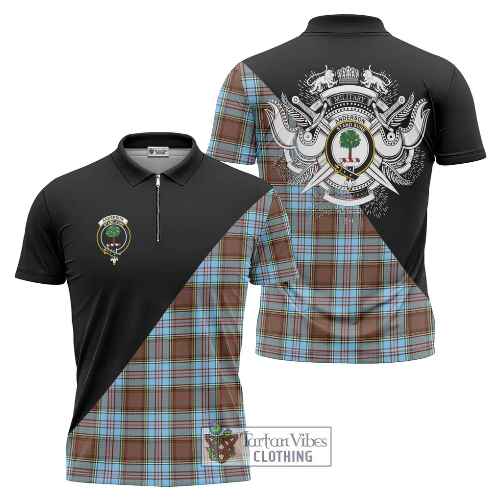 Anderson Ancient Tartan Zipper Polo Shirt with Family Crest and Military Logo Style