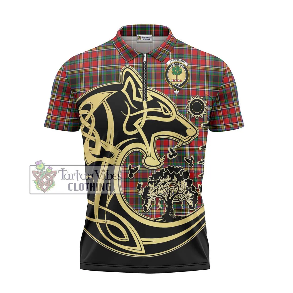 Anderson of Arbrake Tartan Zipper Polo Shirt with Family Crest Celtic Wolf Style