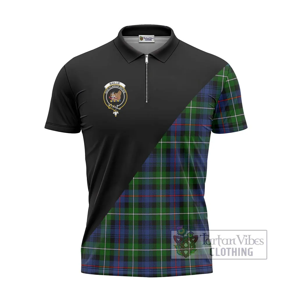 Baillie Tartan Zipper Polo Shirt with Family Crest and Military Logo Style