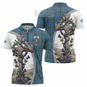 Bain Tartan Zipper Polo Shirt with Family Crest and St. Andrew's Cross Accented by Thistle Vines