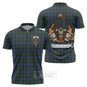 Baird Tartan Zipper Polo Shirt with Family Crest and Bearded Skull Holding Bottles of Whiskey