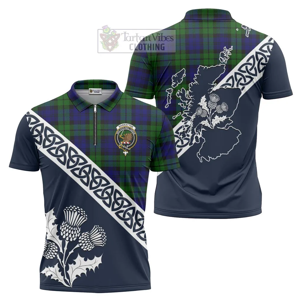 Bannatyne Tartan Zipper Polo Shirt Featuring Thistle and Scotland Map