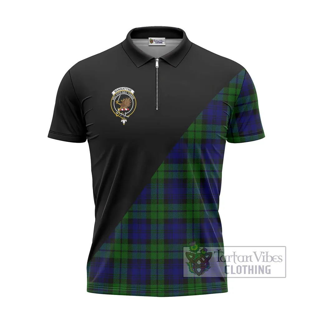 Bannatyne Tartan Zipper Polo Shirt with Family Crest and Military Logo Style