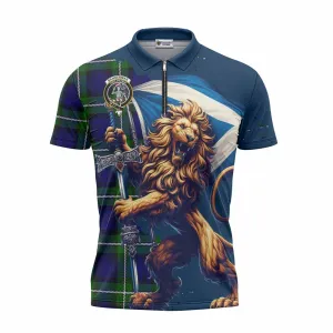 Bannerman Tartan Family Crest Zipper Polo Shirt with Scottish Majestic Lion