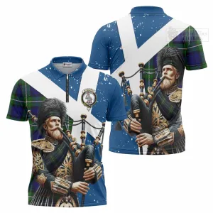 Bannerman Tartan Zipper Polo Shirt with Family Crest Scottish Bagpiper Vibes