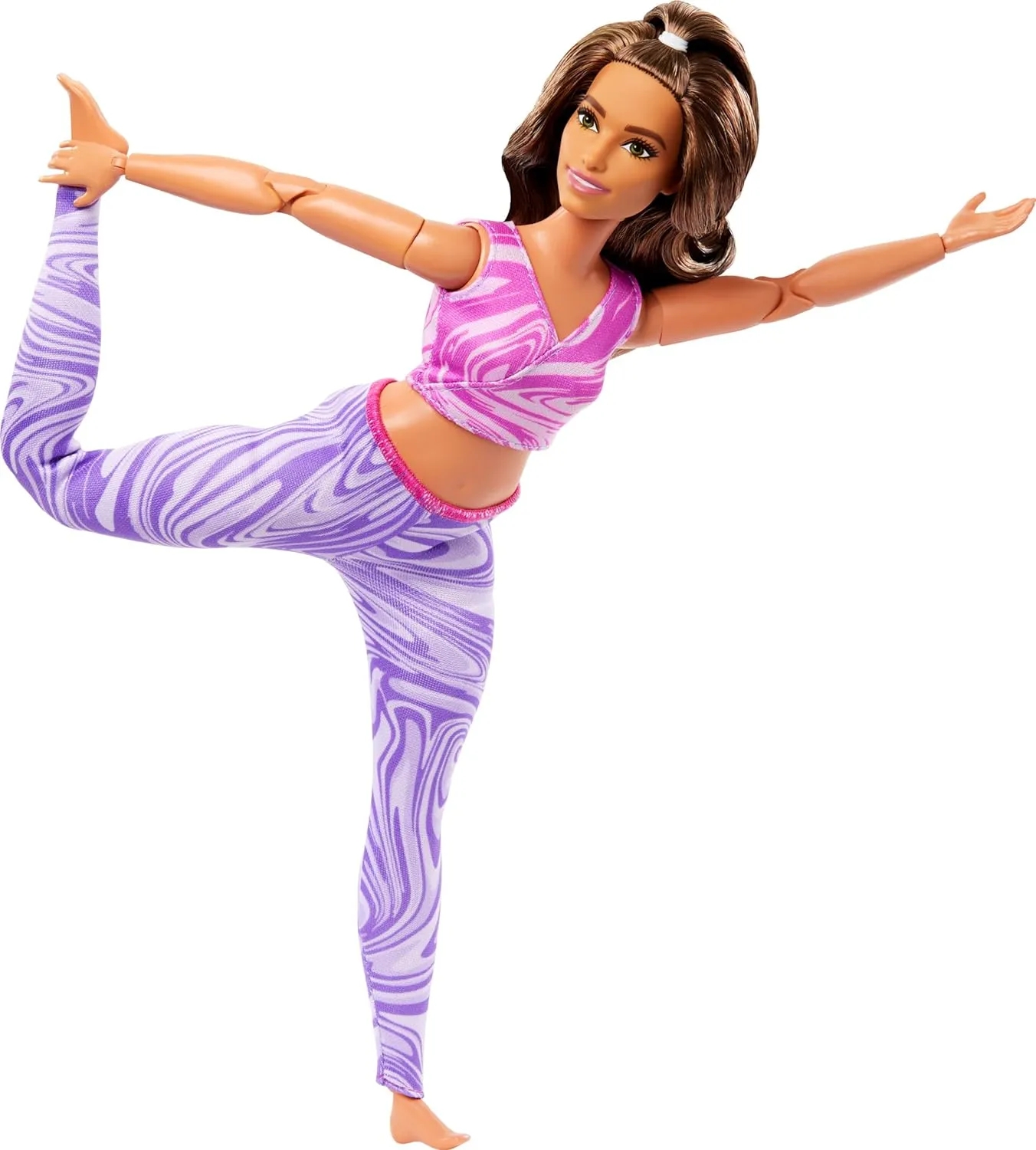 Barbie Made to Move Fashion Doll with Curvy Body & Brunette Hair Wearing Removable Pink Sports Top & Purple Yoga Pants, 22 Bendable Joints