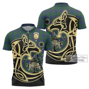 Barclay Tartan Zipper Polo Shirt with Family Crest Celtic Wolf Style