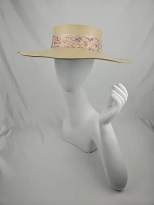 Beige Lotus Visor Hat with Vintage Floral Style Band and Silver Paint Splatter