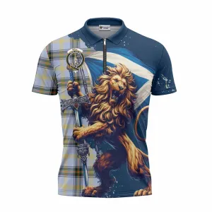 Bell Tartan Family Crest Zipper Polo Shirt with Scottish Majestic Lion