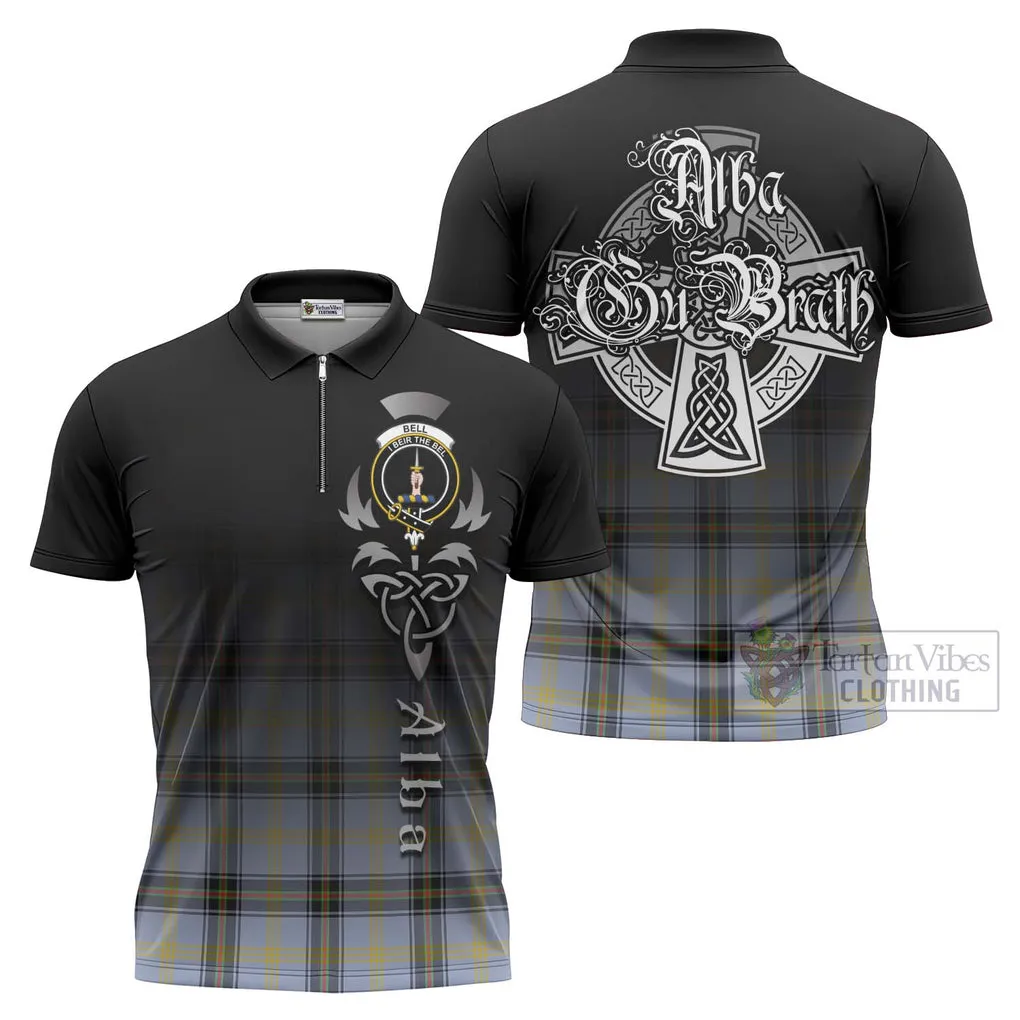 Bell Tartan Zipper Polo Shirt Featuring Alba Gu Brath Family Crest Celtic Inspired