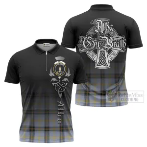 Bell Tartan Zipper Polo Shirt Featuring Alba Gu Brath Family Crest Celtic Inspired