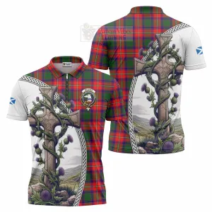 Belshes (Belsches) Tartan Zipper Polo Shirt with Family Crest and St. Andrew's Cross Accented by Thistle Vines