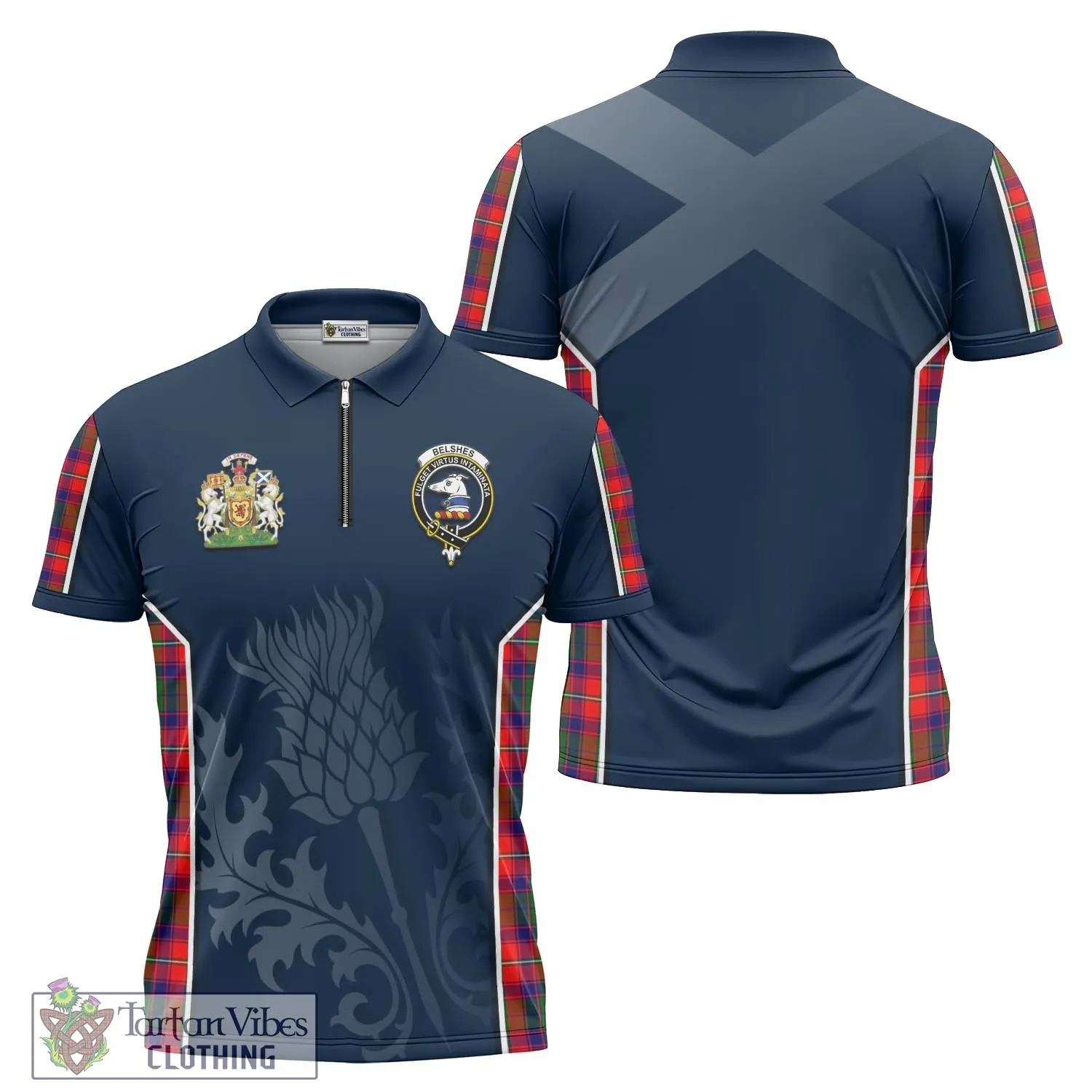 Belshes Tartan Zipper Polo Shirt with Family Crest and Scottish Thistle Vibes Sport Style