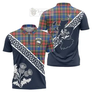 Bethune Tartan Zipper Polo Shirt Featuring Thistle and Scotland Map