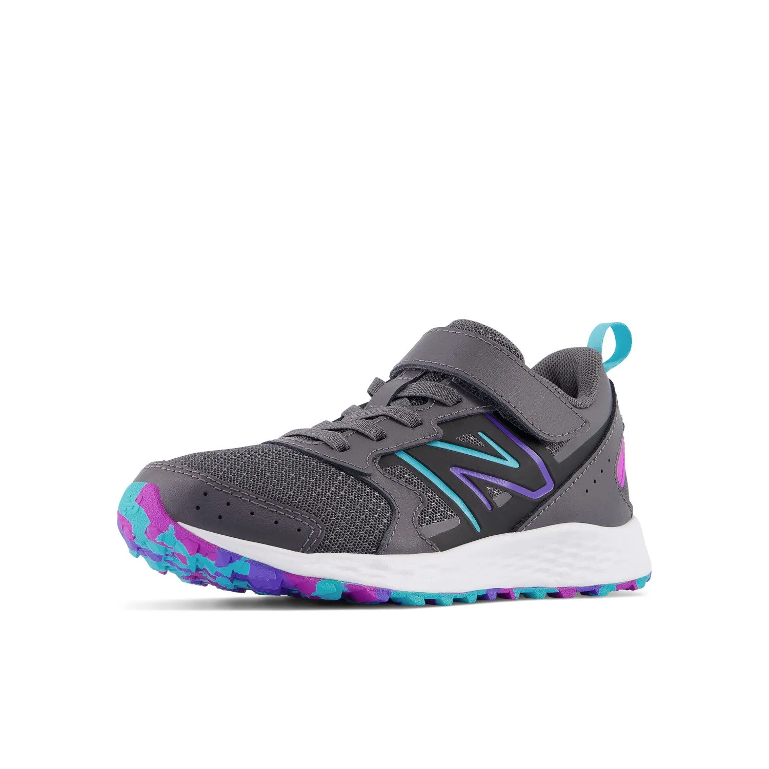 Big & Little Kid's New Balance Fresh Foam 650 Bungee Lace with Top Strap Color: Magnet with Electric Indigo and Cosmic Rose