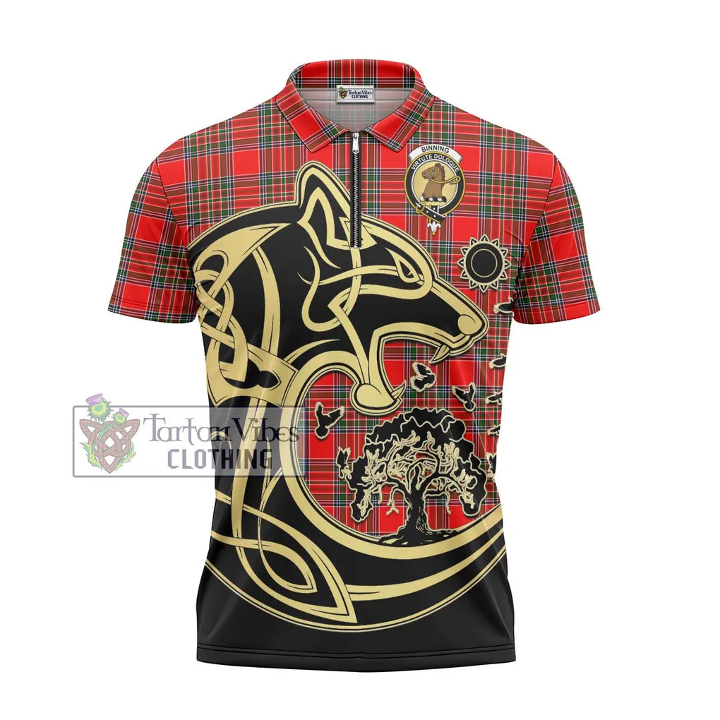 Binning Tartan Zipper Polo Shirt with Family Crest Celtic Wolf Style