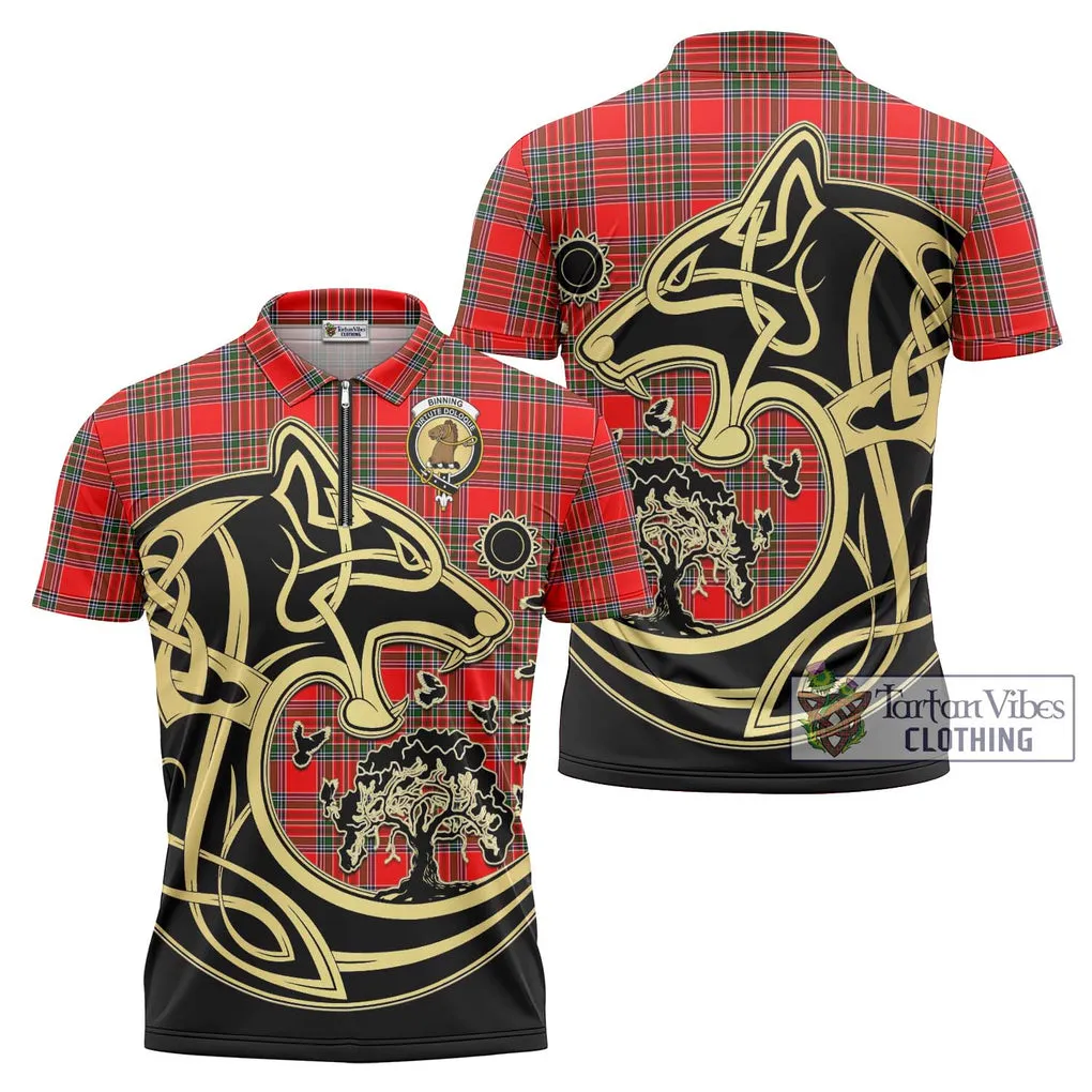 Binning Tartan Zipper Polo Shirt with Family Crest Celtic Wolf Style