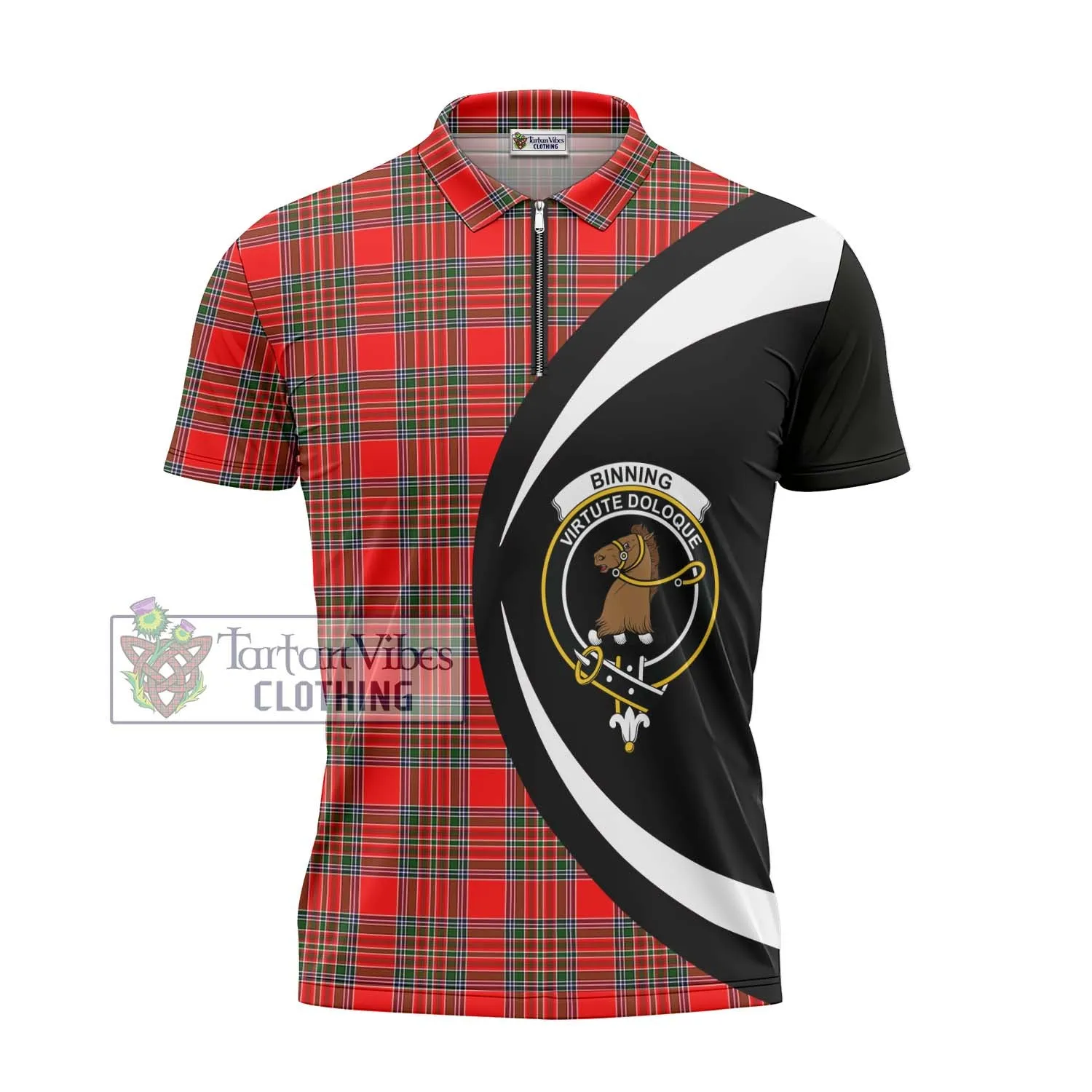 Binning Tartan Zipper Polo Shirt with Family Crest Circle Style