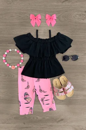 Black & Pink Butterfly Distressed Capri Set