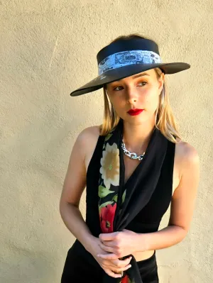 Black "LadyEVA" Visor Hat with French Themed Band and HandPainted Floral Motif