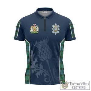 Black Watch Ancient Tartan Zipper Polo Shirt with Family Crest and Scottish Thistle Vibes Sport Style