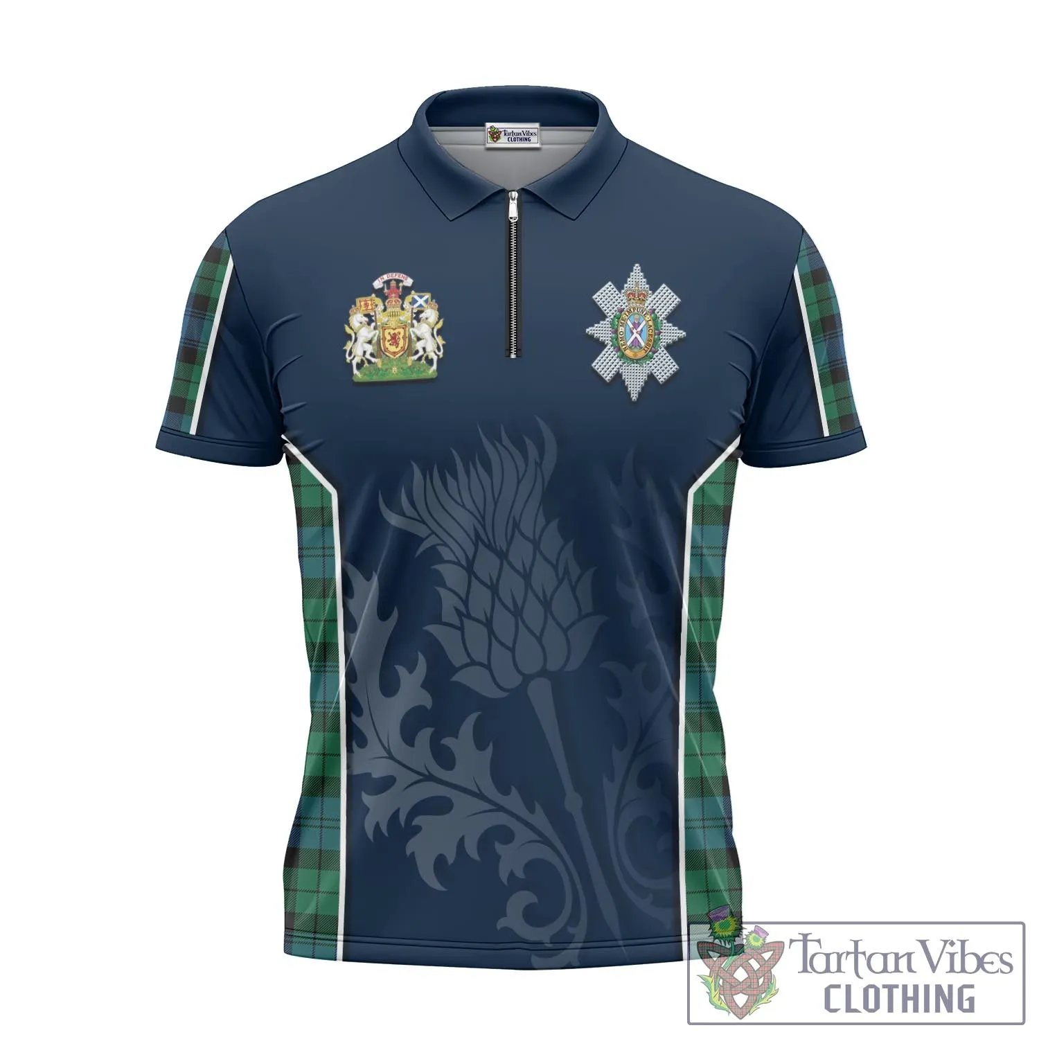 Black Watch Ancient Tartan Zipper Polo Shirt with Family Crest and Scottish Thistle Vibes Sport Style