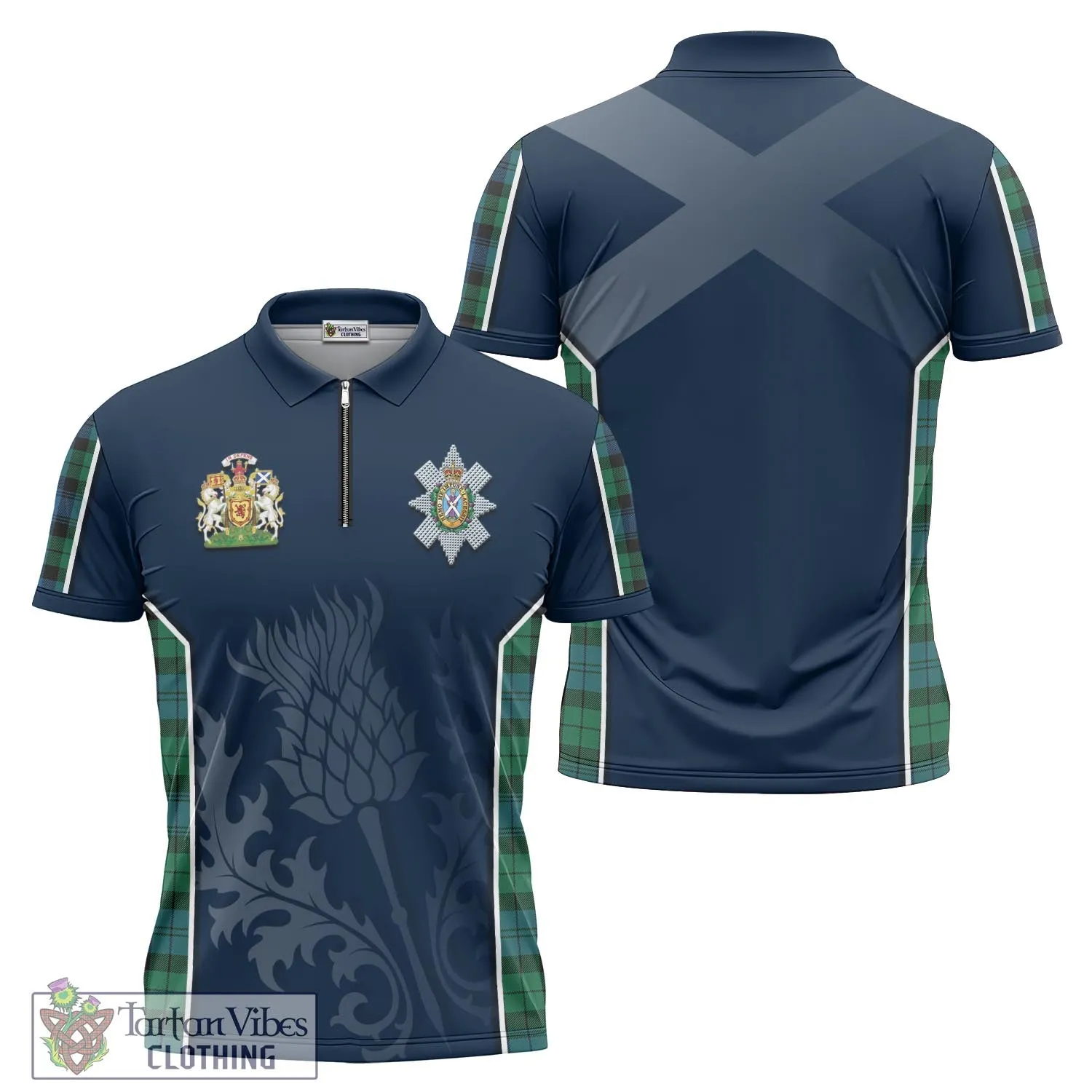 Black Watch Ancient Tartan Zipper Polo Shirt with Family Crest and Scottish Thistle Vibes Sport Style