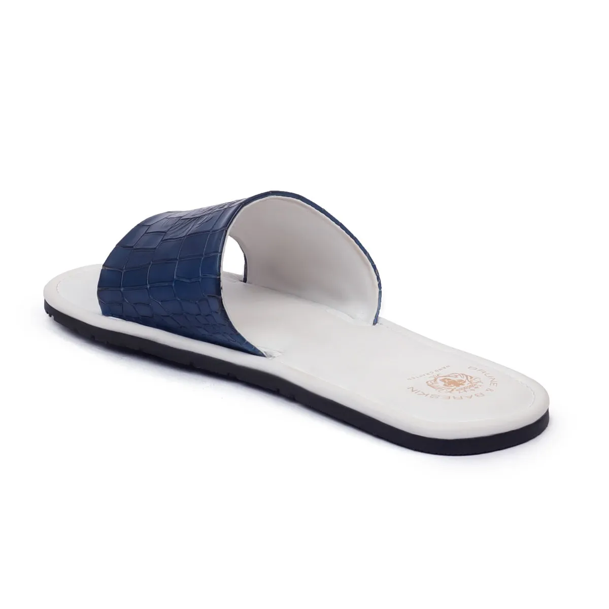 Blue Embossed Lion Deep Cut Strap White Leather Slide-In-Slippers