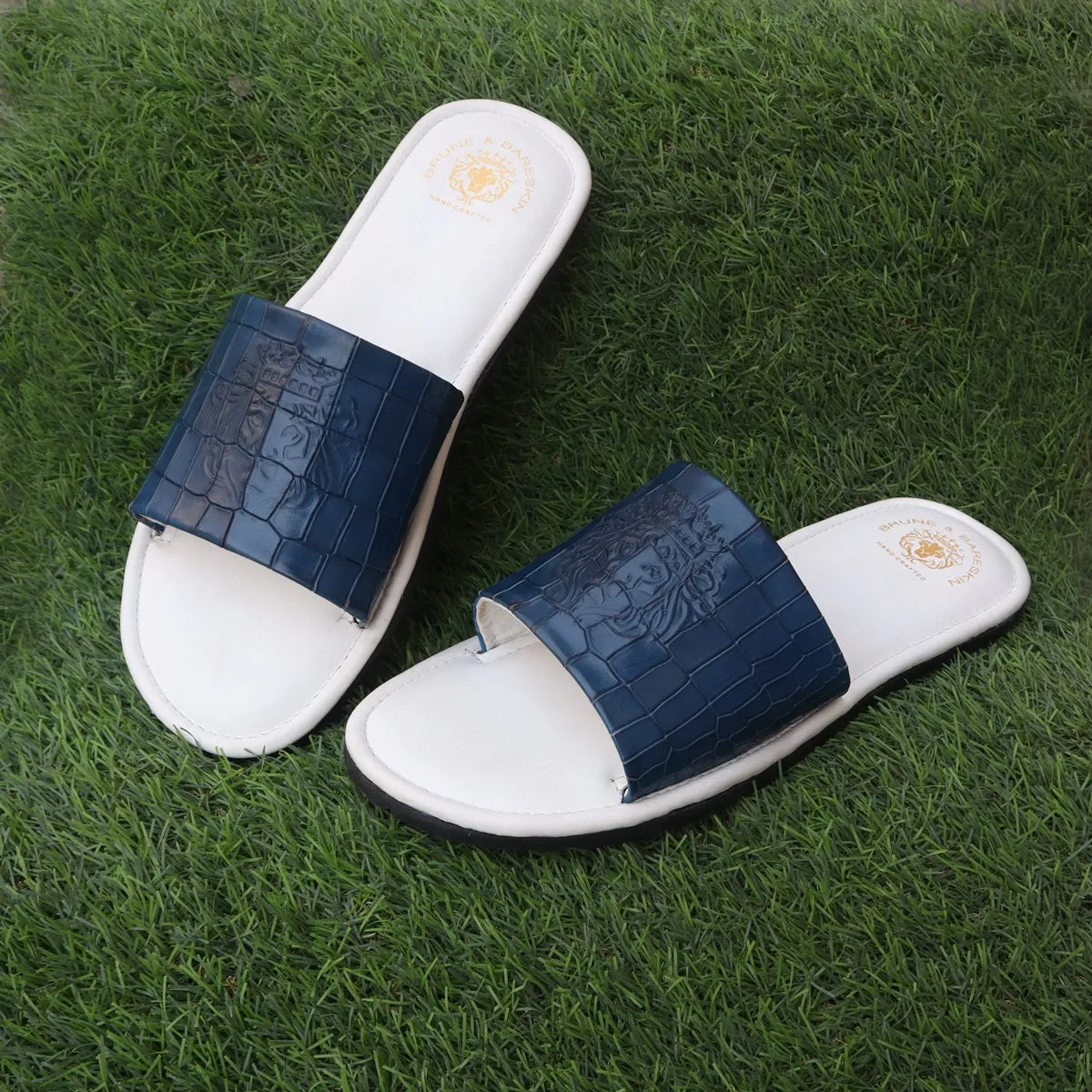 Blue Embossed Lion Deep Cut Strap White Leather Slide-In-Slippers