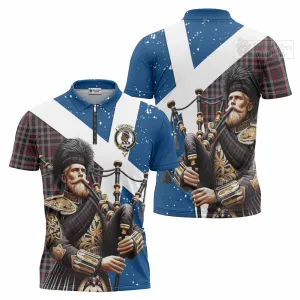 Borthwick Tartan Zipper Polo Shirt with Family Crest Scottish Bagpiper Vibes