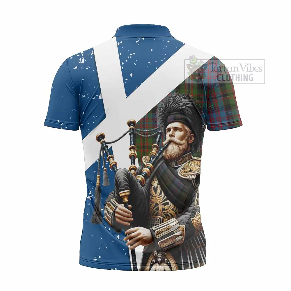 Bowie Tartan Zipper Polo Shirt with Family Crest Scottish Bagpiper Vibes