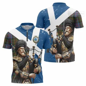 Bowie Tartan Zipper Polo Shirt with Family Crest Scottish Bagpiper Vibes