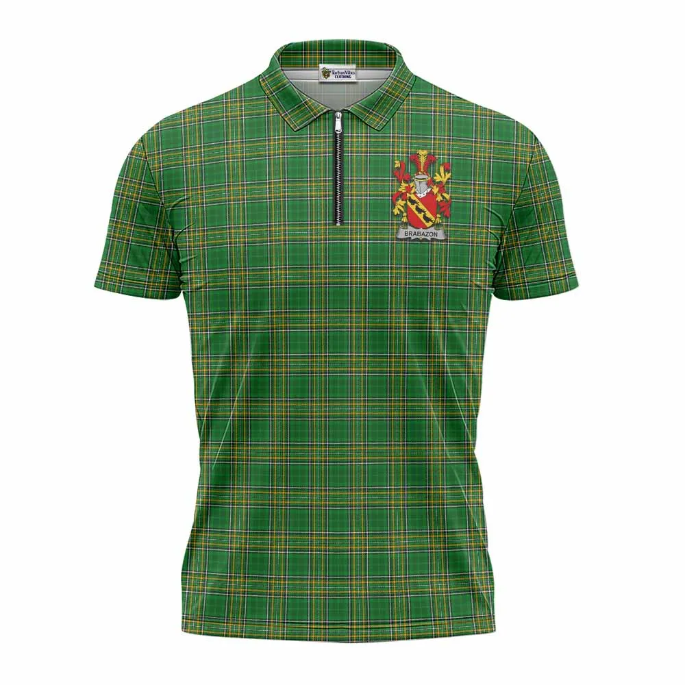 Brabazon Irish Clan Tartan Zipper Polo Shirt with Coat of Arms