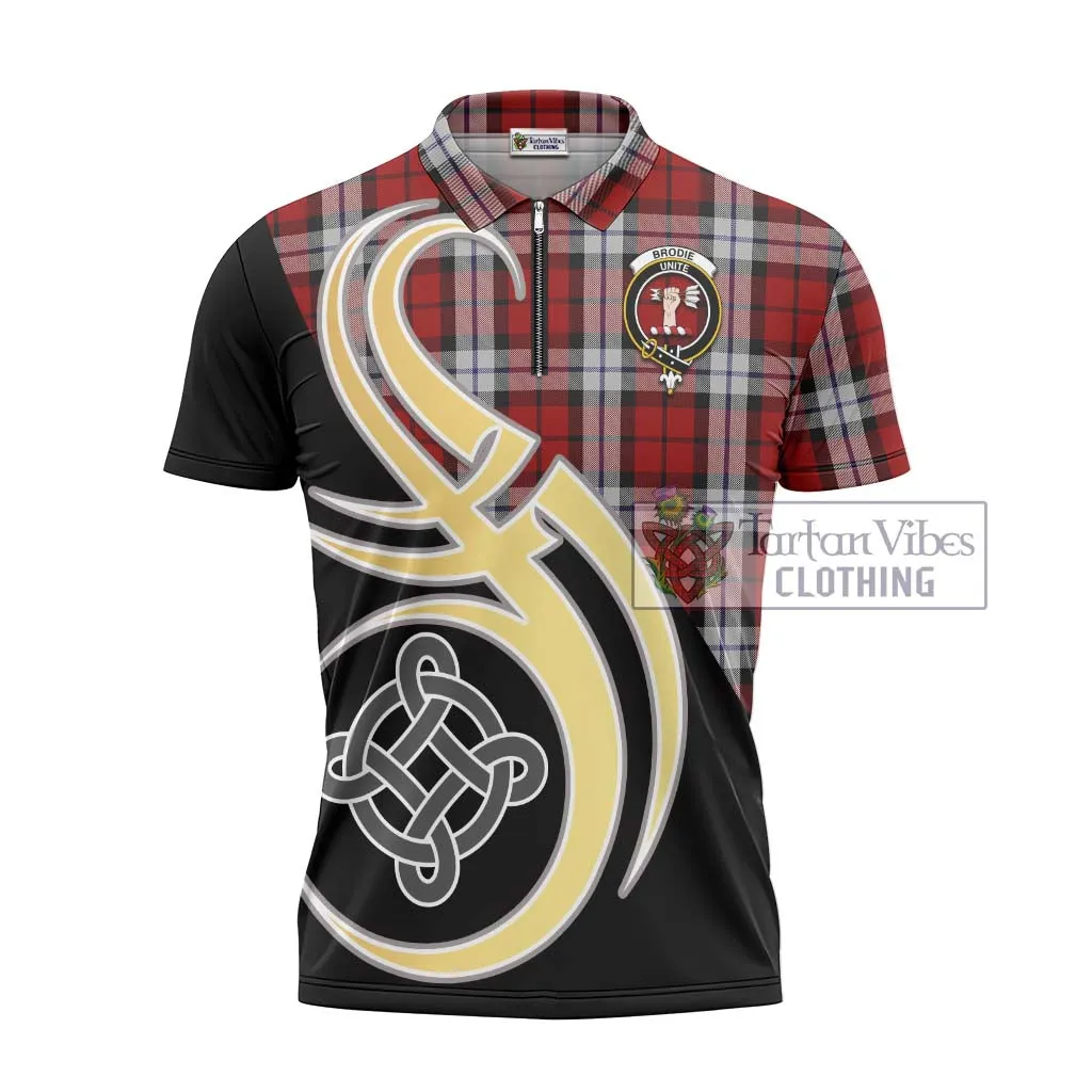 Brodie Dress Tartan Zipper Polo Shirt with Family Crest and Celtic Symbol Style