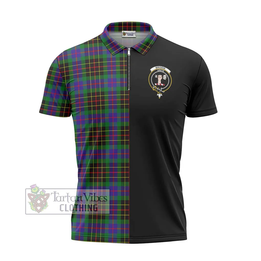 Brodie Hunting Modern Tartan Zipper Polo Shirt with Family Crest and Half Of Me Style