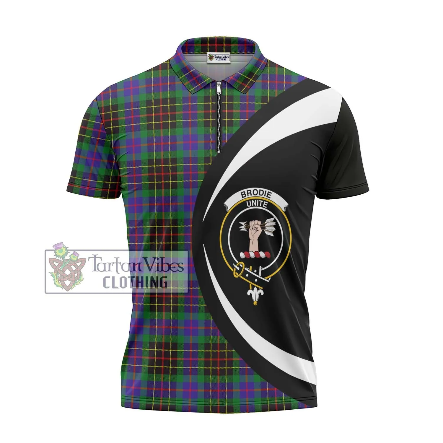 Brodie Hunting Modern Tartan Zipper Polo Shirt with Family Crest Circle Style