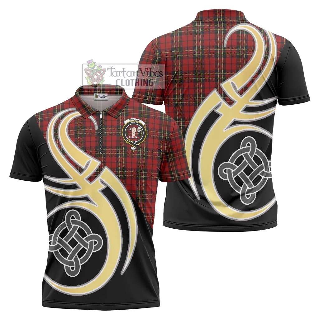 Brodie Tartan Zipper Polo Shirt with Family Crest and Celtic Symbol Style