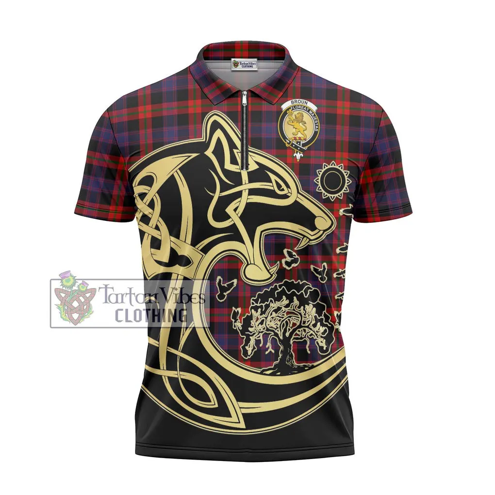 Broun Modern Tartan Zipper Polo Shirt with Family Crest Celtic Wolf Style