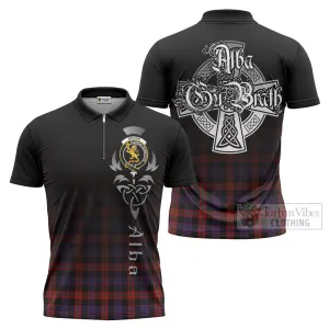 Brown (Broun) Tartan Zipper Polo Shirt Featuring Alba Gu Brath Family Crest Celtic Inspired