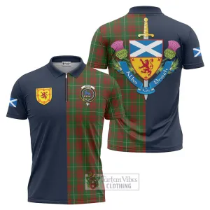 Bruce Hunting Tartan Zipper Polo Shirt Alba with Scottish Lion Royal Arm Half Style