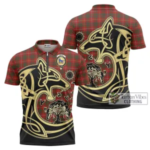 Bruce Tartan Zipper Polo Shirt with Family Crest Celtic Wolf Style