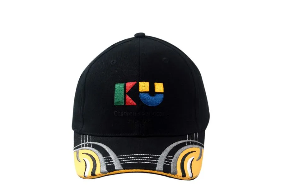 BRUSHED HEAVY COTTON CAP WITH SANDWICH TRIM AND FABRIC INSERTS & EMBROIDERY DESIGN ON PEAK